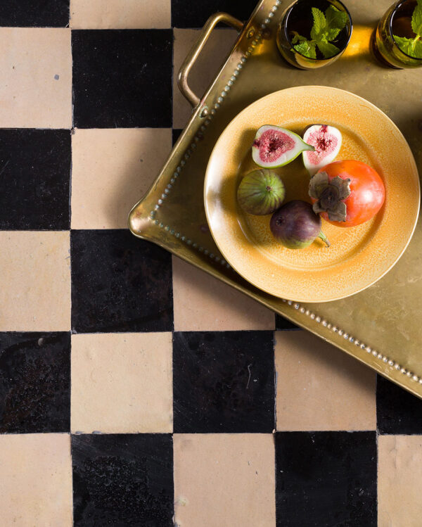 Black and Camel Zellige Checkers floor tiles