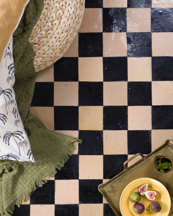 Black and Camel Zellige Checkers tile floor