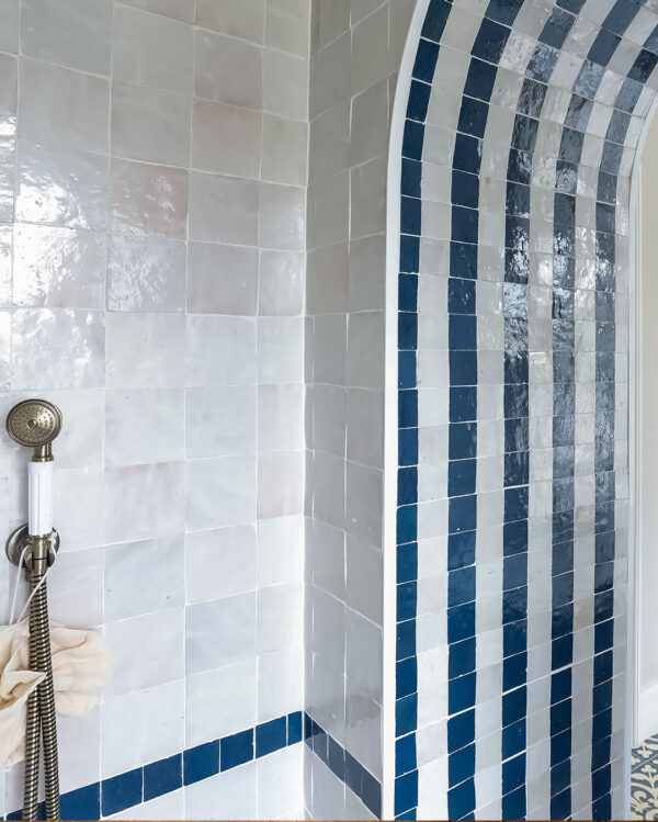 Blue Marine Stripes Zellige tiles arched shower doorway otto tiles
