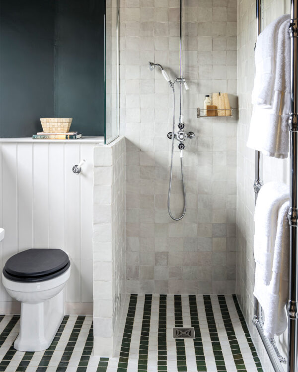 Forest Green Stripes zellige tiles bathroom floor